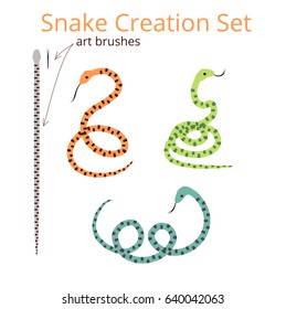 Small striped multicolored snakes. Vector isolated illustration. Set for creating striped cartoon snakes