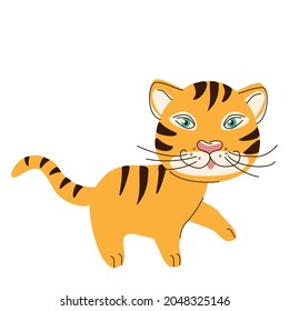 A small striped orange tiger stands sideways, isolated on a white background. A symbol of the year in a hand-drawn style. Vector illustration