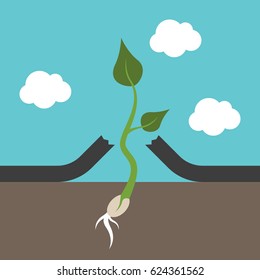 Small strong plant breaking asphalt. Hope, power, will and persistence concept. Flat design. EPS 8 compatible vector illustration, no transparency, no gradients