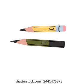 Small stubs of graphite pencils. Drawing tools, drafting instrument with lead, eraser. School stationery, office supplies for sketching. Flat isolated vector illustration on white background