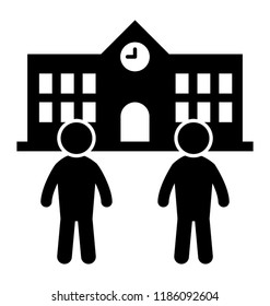 Small students going towards a huge architecture building with clock depicting school time 