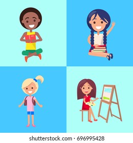 Small students studying alone vector collection in graphic design. Poster of boy in lotus pose reading book, girl drawing picture etc.