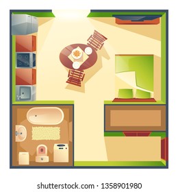 Small studio apartment with combined kitchen, living room and bedroom cartoon vector top view plan with dinning table, kitchen appliances, sleeping bed, bathroom furniture illustration. Modern flat Small studio apartment with combined kitchen, living room and bedroom cartoon vector top view plan with dinning table, kitchen appliances, sleeping bed, bathroom furniture illustration. Modern flat