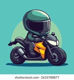 A small, stylized cartoon rider on a motorcycle, presented in a profile view. The rider wears a teal helmet and dark clothing. The motorcycle is a dark gray with bright orange accents.