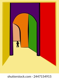 A small stylized figure stands at the entrance to a corridor with alternating colorful walls leading to additional archways. The walls exhibit a sequence of bold colors: purple, orange, green, and red