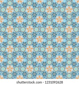 Small stylized flowers. Ditsy cute floral seamless pattern in brown, blue and yellow colors. Vector illustration.