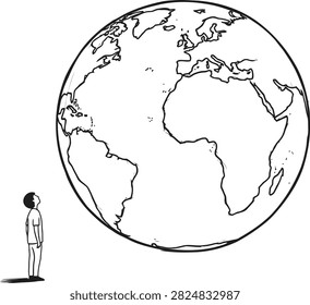 A small, stylized human figure stands looking up at an enormous, hand-drawn representation of the Earth.