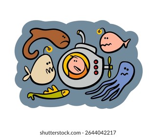 Small submarine sank to the bottom of the ocean and met sea monsters. Vector illustration of a traveler, an explorer of the depths, looking fearfully at scary fish.