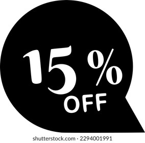 Small subtle "15% off" display sale tag icon with a slightly tilted font neat and clean simple round style for tidy and effective showcase. 