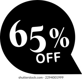 Small subtle "65% off" display sale tag icon with a slightly tilted font neat and clean simple round style for tidy and effective showcase. 