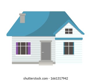 Small suburban, country light residential house with blue roof, stairs stepping to entrance door, window, chimney, isolated on white background. Countryside real estate exterior. Vector illustration