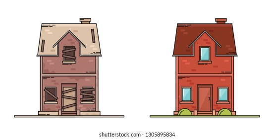 Small Suburban House: Abandoned and Repaired. Flat Line Style. Vector Illustration