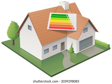 Small suburban house and its energy performance label on the roof (cut out)