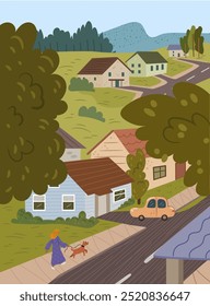 Pequenos subúrbios ou paisagem ou cenário da cidade com ruas e casas. Pessoas andando com cães e passeando em pavimentos. Cidade tranquila para os cidadãos. Ilustração vetorial em estilo de desenho animado plano