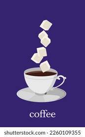 Small sugar cubes fall into the white porcelain cup of hot aromatic coffee. Food and drink vector illustration on dark blue background with copy space.