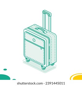 Small suitcase on wheels isolated on white background. Isometric outline icon. Vector illustration. Luggage. Travel symbol.