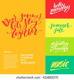 Small summer handdrawn lettering set. Modern calligraphy. Ink illustration. Design for banner, poster, card, invitation, flyer, brochure, t-shirt. Isolated on textured color abstract background