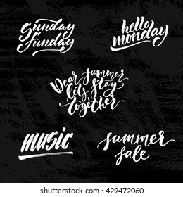 Small summer handdrawn lettering set. Modern calligraphy. Ink illustration. Design for banner, poster, card, invitation, flyer, brochure, t-shirt. Isolated on textured black background