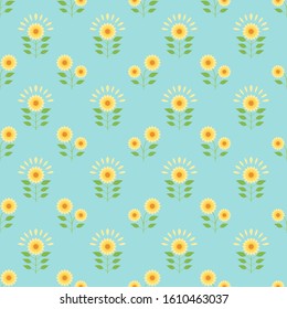 Small sunflower feild and blue background seamless pattern vintage floral vector wallpaper