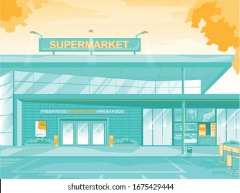 Small Supermarket with Parking Place. Shop Mall, Market, Marketplace, Hypermarket Facade. City Building Exterior. Urban Infrastructure. Commercial Property. Business Real Estate. Vector Illustration