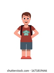 Small surprised boy with a briefcase stands with his hands on his hips. Flat vector illustration.