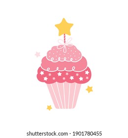 Small sweet cupcake with pink cream decorated with a star. Birthday cake for a wedding, birthday, anniversary isolated on a white background. Festive sweets. Hand drawn vector illustration.