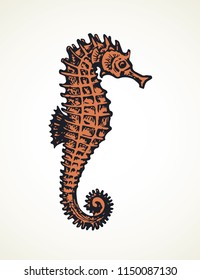 Small Syngnathidae on light backdrop. Bright red ink hand drawn funny sealife pet logotype emblem insignia sketchy in retro etch scribble print style pen on paper space for text. Side detail view