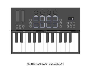 Sintetizador pequeno, controlador MIDI. Teclado de duas oitavas, tambor pads e botões. Instrumento de música eletrônica, ilustração vetorial.