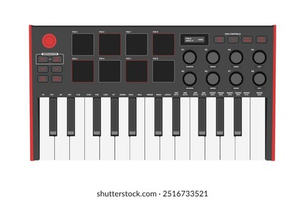 Small synthesizer, MIDI controller. Two octaves keyboard, drum pads and knobs. Electronic music instrument, vector illustration.