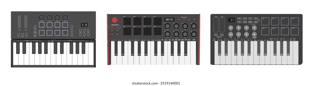 Small synthesizers set, MIDI controller. Two octaves keyboard, drum pads and knobs. Electronic music instrument, vector illustration.