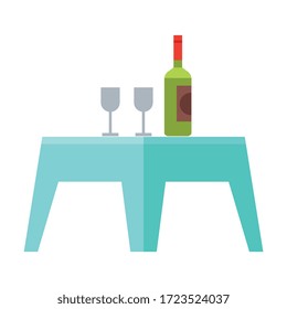 Small Table with Bottle of Wine and Two Glasses, Modern Garden Furniture Design Flat Vector Illustration