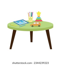 A small table for children's development and creativity. Table with a toy car, colored pencils, a toy pyramid and a children's drawing. Isolated vector illustration.