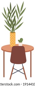 A small table with a houseplant in a vase, potted plant cactus and a chair. Cozy workplace in office. Living room interior elements flat style vector illustration isolated on white background