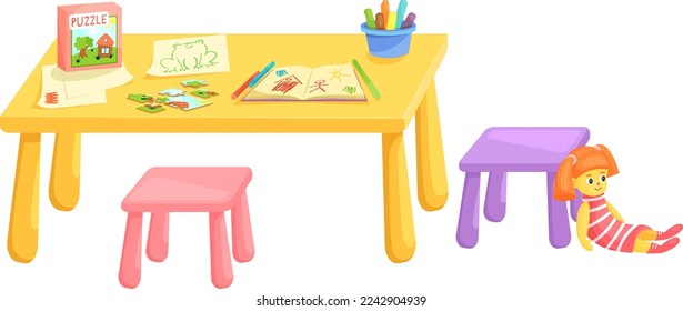 Small table with kid toys. Preschool child furniture isolated on white background