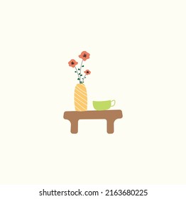 a small table on which stands a cup and a vase of red poppies. color illustration in minimalist style
