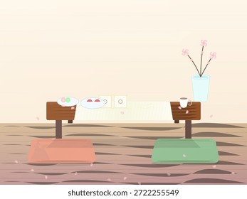 Ein kleiner Tisch ist in einem Raum mit Snacks und einer Tasse aufgestellt. Es gibt Blumen in einem Topf neben dem Tisch. Matten werden auf den Boden gelegt. Es ist Nachmittag.