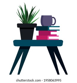 small table with stack of books,potted plant and cup of coffee or tea. small table with stack of books and flower in pot