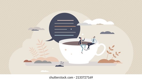 Small talk as informal talking with light topics speech tiny person concept. Communication or dialogue process as socialization or information exchange vector illustration. Chatting with cup of coffee