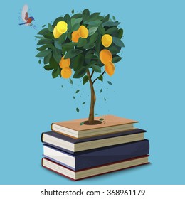 small tangerine tree growing from the book with little bird. Dot design style.