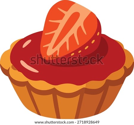 A small tart with red jam and a fresh strawberry on top in a fluted crust.