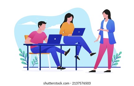 Small team in casual clothes working - Man and two woman doing work with computers. Flat design vector illustration with white background