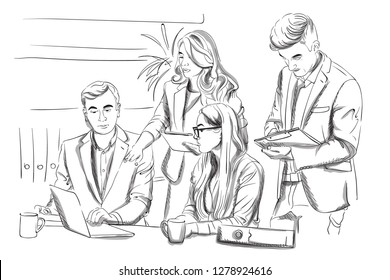 Small team having a business meeting Vector. Storyboard digital template. Sketch style line arts