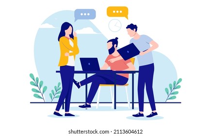 Small team working - Three business people with casual clothing working and discussing. Flat design vector illustration with white background