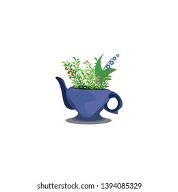 A small teapot with bunch of flowers growing in it vector color drawing or illustration