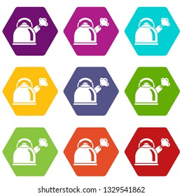 Small teapot icons 9 set coloful isolated on white for web
