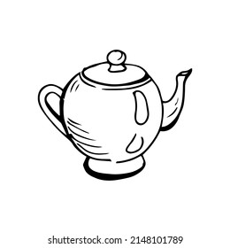 Small teapot with tea thin black lines on a white background - Vector illustration