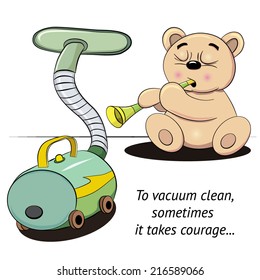 Small teddy bear playing a pipe  and conjures vacuum cleaner.