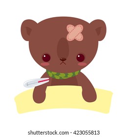 Small teddy bear is sick. Playing in veterinarian. Teddy bear measures the temperature. Children's character.