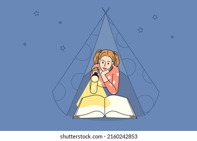 Small Teen Girl Child In Blanket House Reading Interesting Book At Night With Flashlight. Little Kid Enjoy Literature Or Novel At Home At Nighttime. Children And Education. Vector Illustration. 