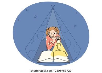 Small teen girl child in blanket house reading interesting book at night with flashlight. Little kid enjoy literature or novel at home at nighttime. Children and education. Vector illustration.